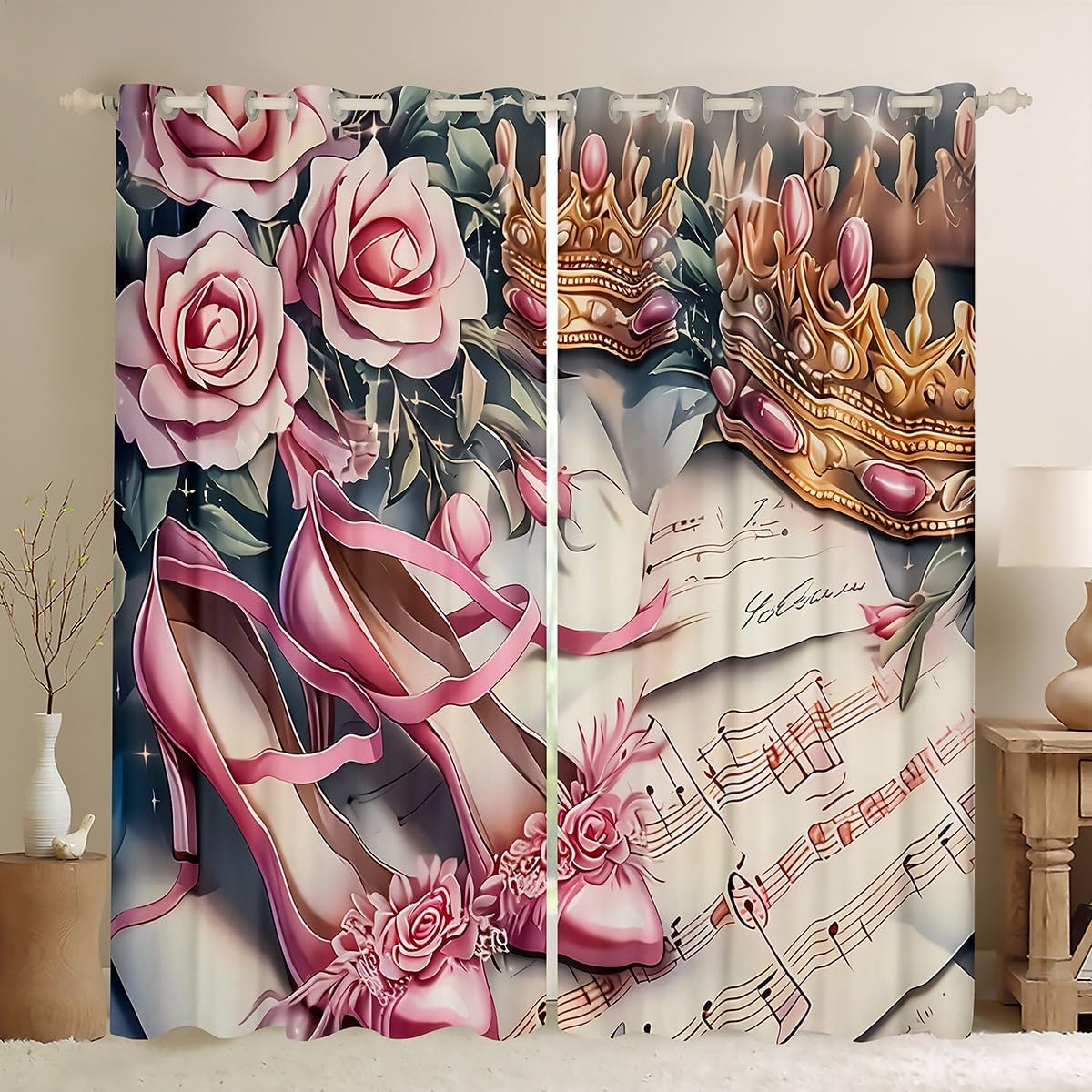 Pink Rose Heels Curtain Shower - Home Textiles Luxury Curtains ulasan dan harga